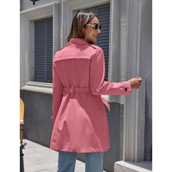 Women's Pink Waterproof Trench Coat with Classic Lapel and Belted Design - Picture 2 of 6